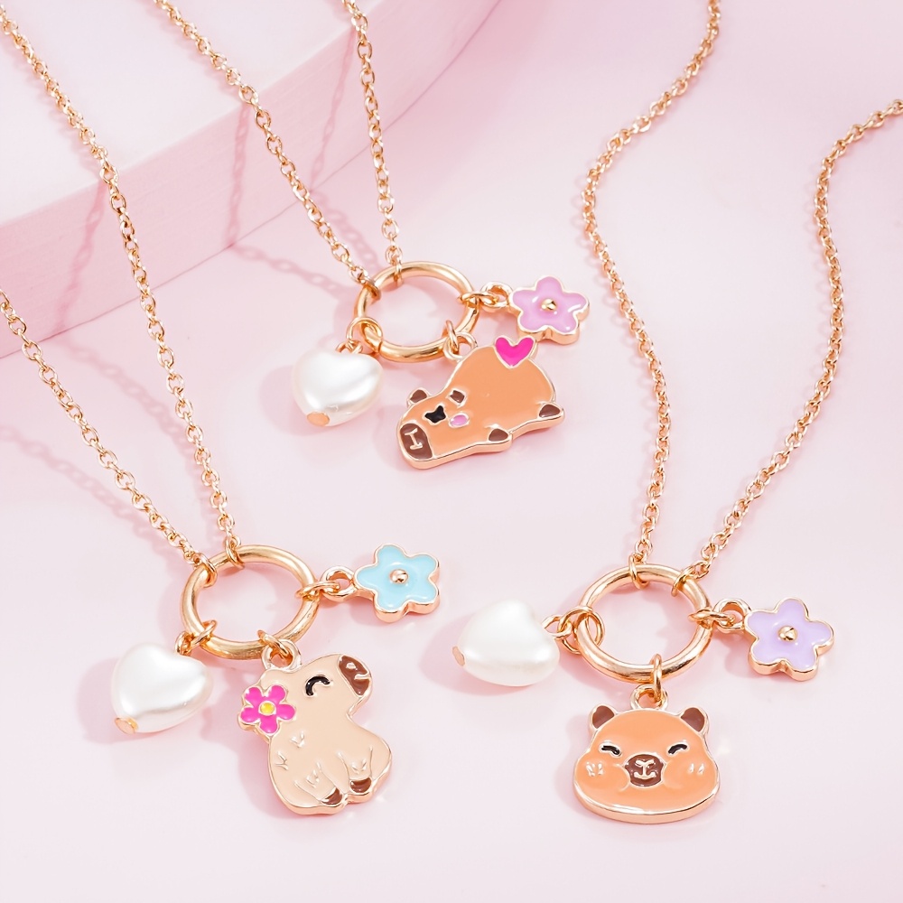 Girls' Capybara Enamel Flower Heart Pendant Necklace
